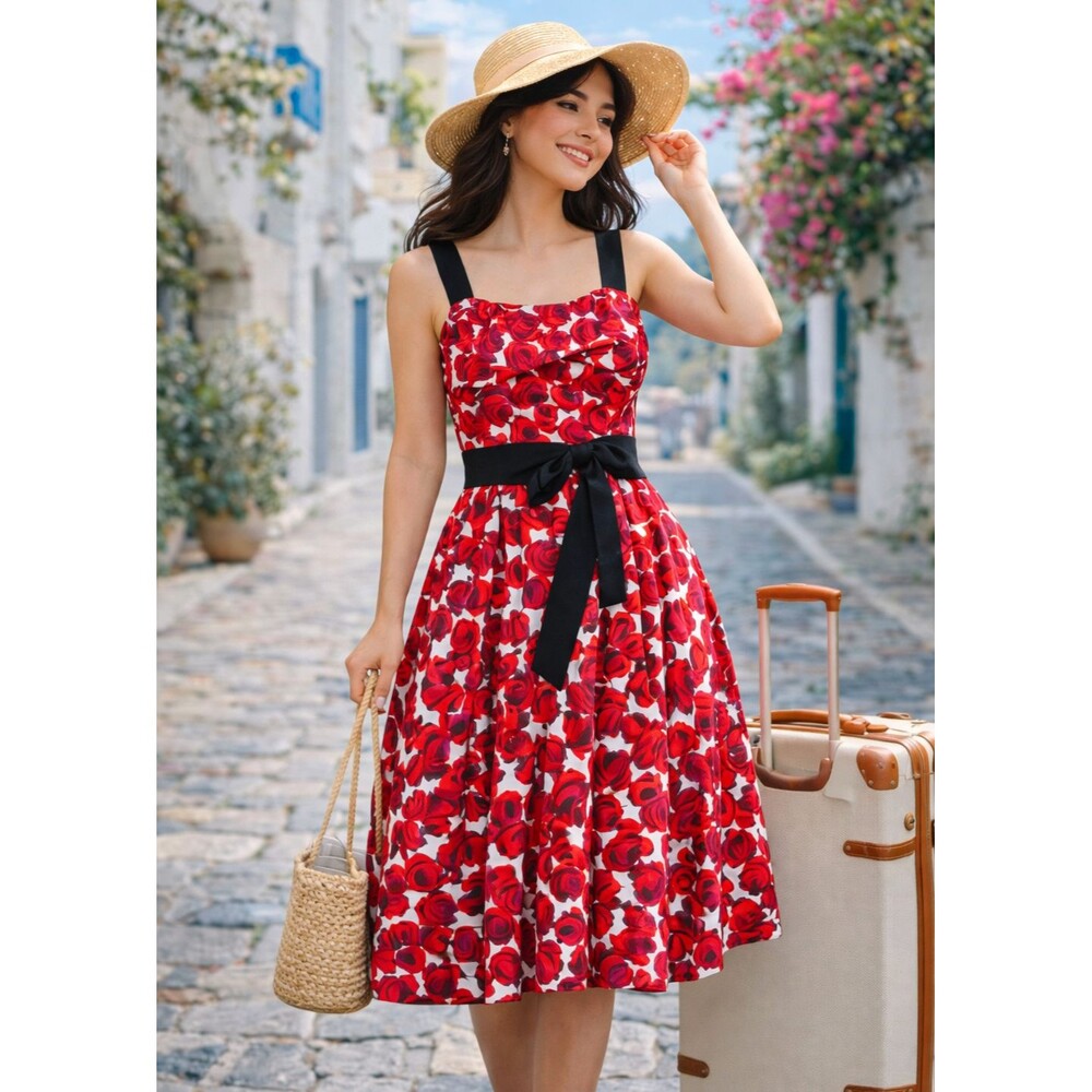 NWOT Carolina Herrera Rose-Print Ruched Midi Dress - BCI Cotton Sz12